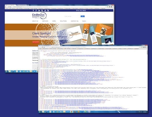 Design and source code view of a webpage.